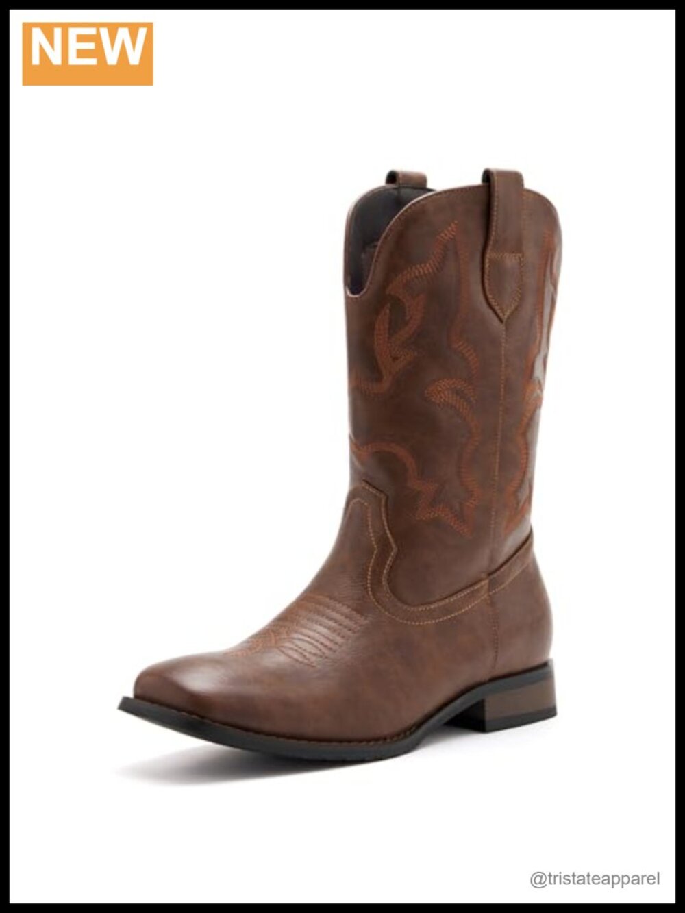 Men's Cowboy Boots Square Toe Embroidered Western Pull-On Mid-Calf